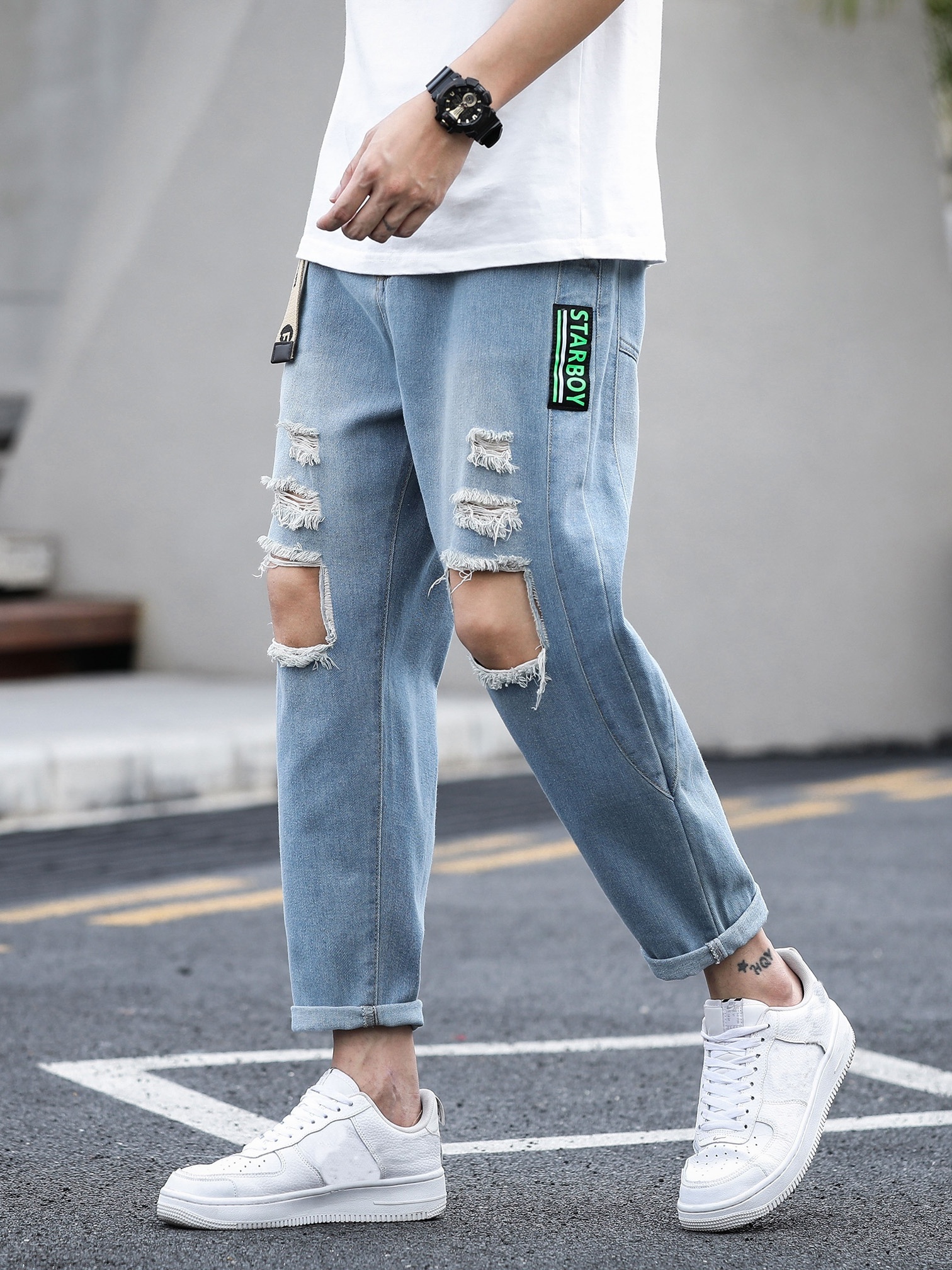 Men's Casual Ripped Straight Leg Loose Fit Cropped Jeans - Men's Clothing -  Temu Luxembourg