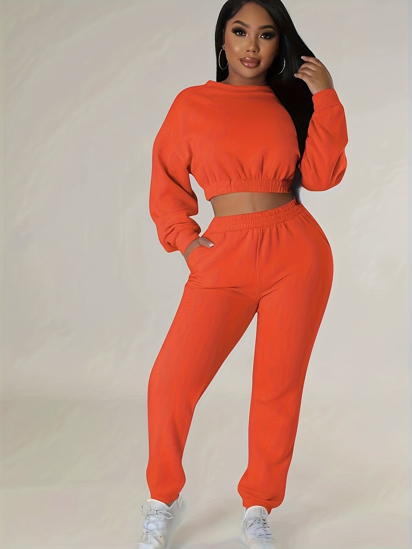 Casual Solid Two piece Set Crew Neck Long Sleeve Tops - Temu