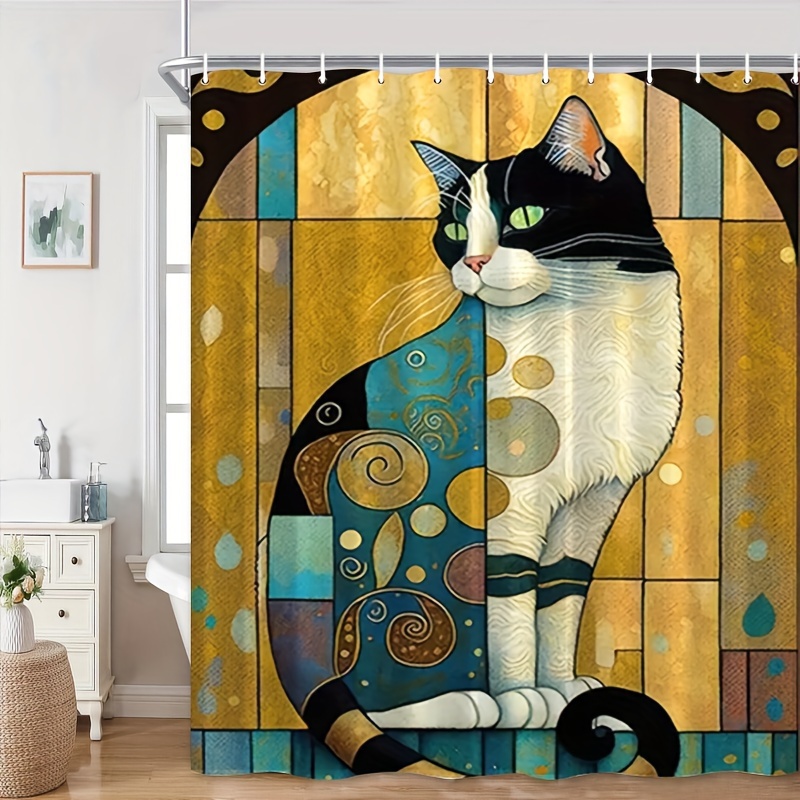 Cat Print Shower Curtain Waterproof Shower Curtain With 12 - Temu