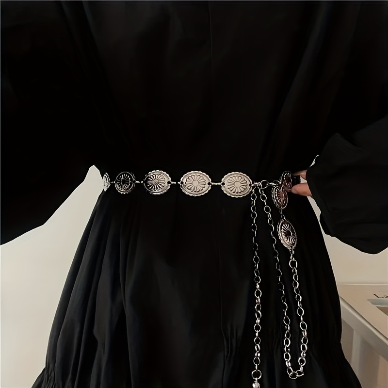 

Vintage Oval Carved Waist Chain Western Silvery Metal Belly Chain Concho Belt Classic Boho Body Jewelry Dress Girdle For Women