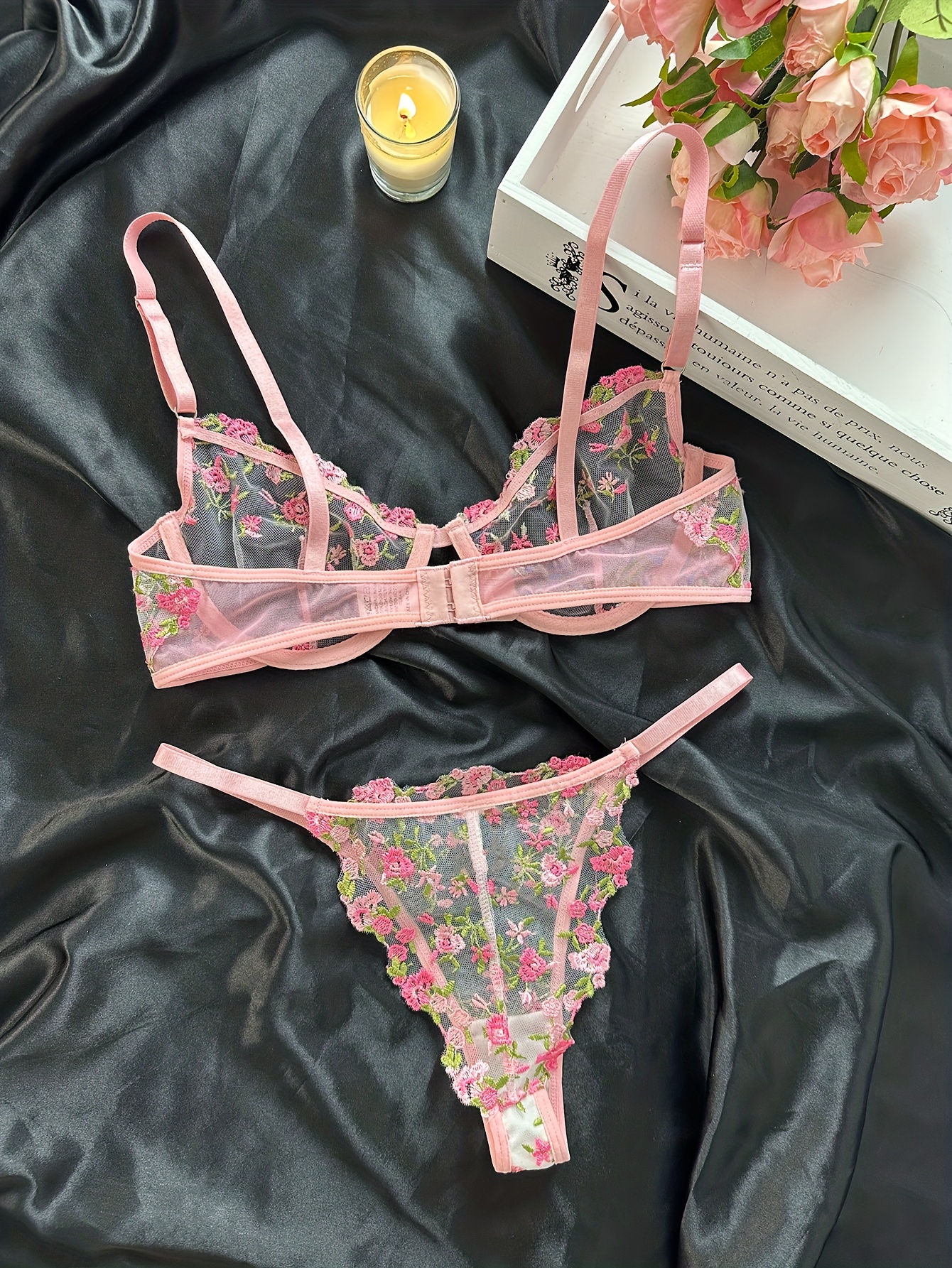 Floral Embroidery Lingerie Set Hollow Unlined Bra Sheer Mesh - Temu United  Kingdom