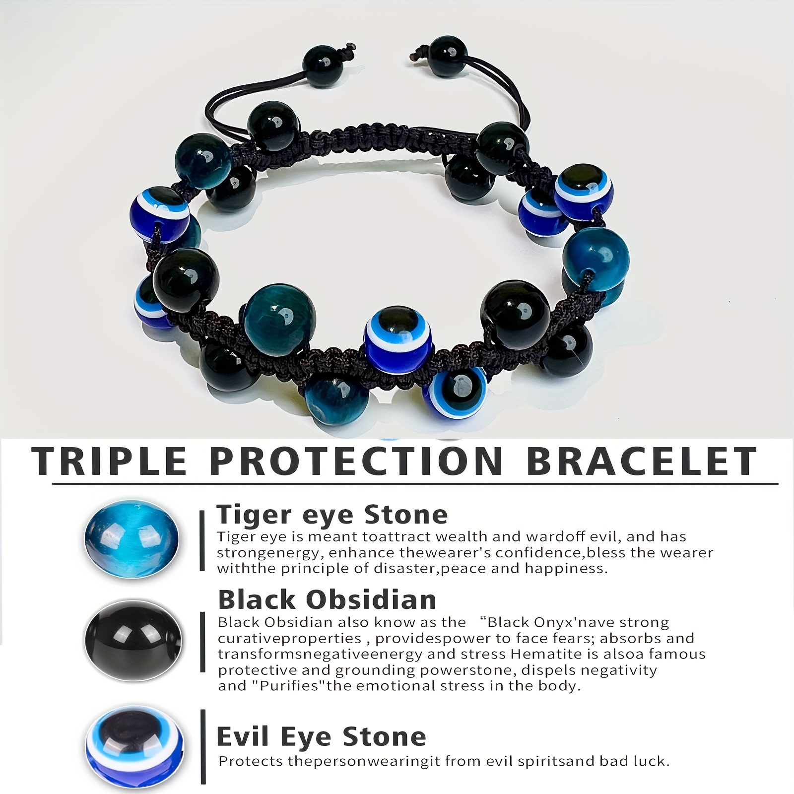 Triple Protection Bracelet, Blue Tiger Eye Evil Eye Black Onyx Stone  Bracelet, Healing Crystal Natural Stone Beads Bracelet For Men Women, Bring  Prosperity Luck - Temu