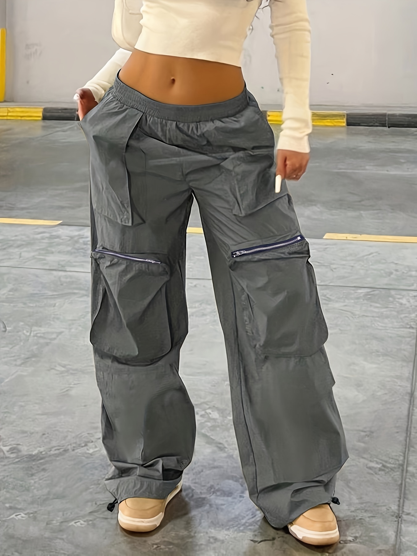 Solid Baggy Cargo Pants, Vintage Elastic Waist Hip-hop Pants With Pocket,  Women's Clothing