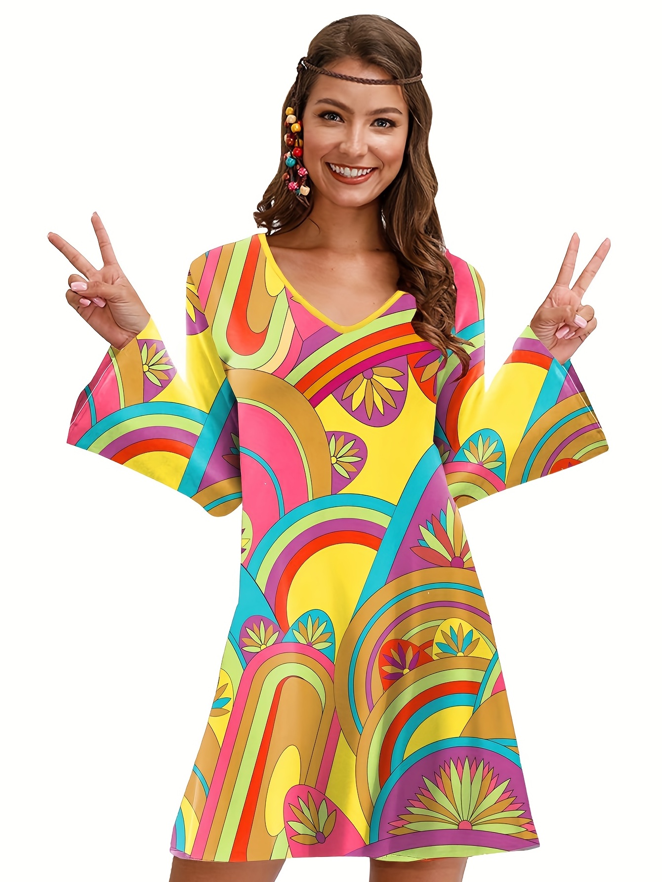 Hippie Halloween Cosplay Dress Long Sleeve Random Print - Temu Bahrain