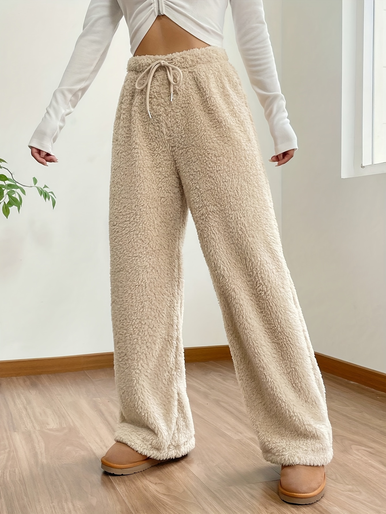 Feternal Women's Plush Casual Pants Loose Comfort Fleece Warm Home Pants  linen pants for women 