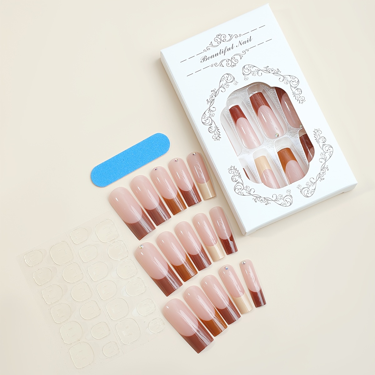 Glossy Long Square Fake Nails Mixed Brown And Milky White - Temu