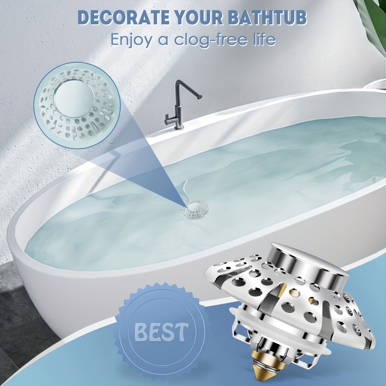 Universal Tub Stopper Bathtub Drain Plug, Pop Up Tub Drain Hair