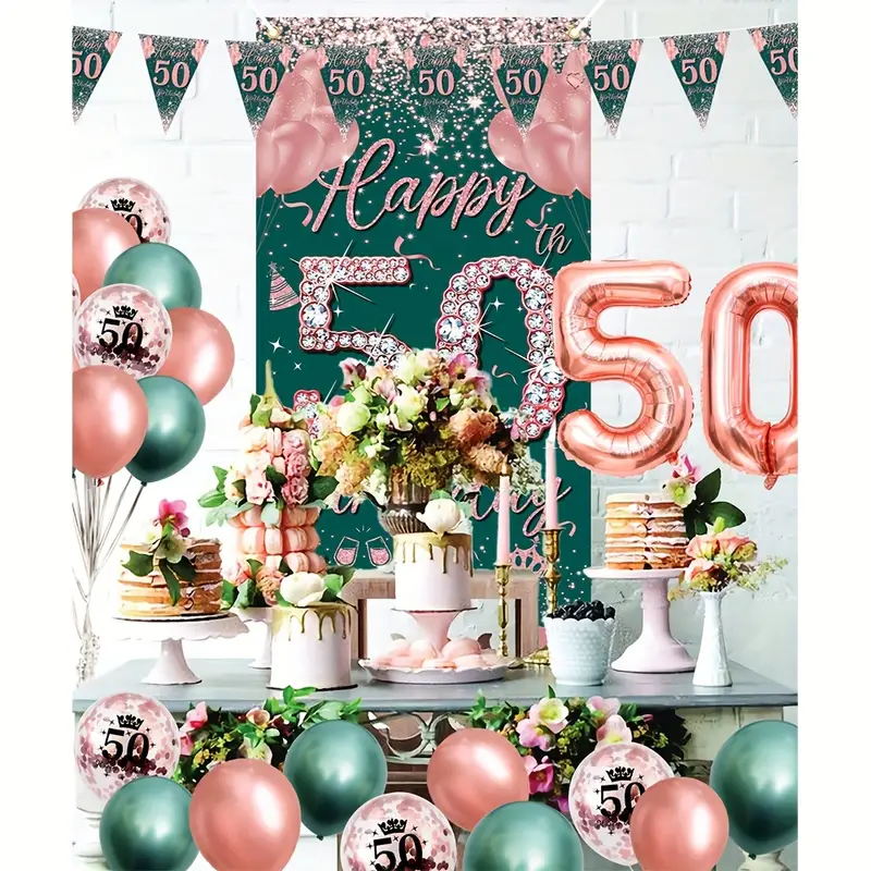50th Birthday Decorations for her, 50th Birthday Banner for Women, Rose  Gold 50th Birthday Balloons 50 Number Balloon, Rose Gold 50 Birthday Party