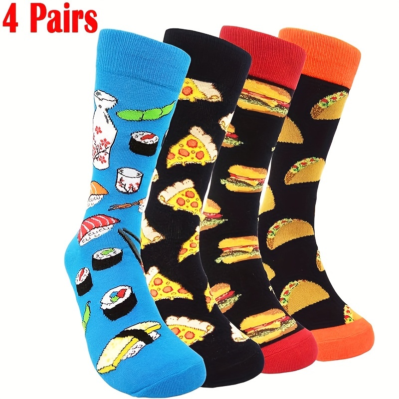 

4 Pairs Of Men's Trendy Cartoon Sushi Pizza Pattern Crew Socks, Breathable Cotton Comfy Casual Unisex Socks For Men's Outdoor Wearing All Seasons Wearing