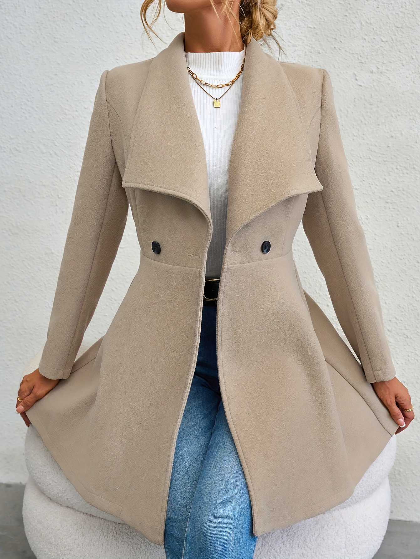 Plus Size Casual Coat, Women's Plus Solid Long Sleeve Double Breast Button  Lapel Lapel Collar Longline Woolen Coat With Pockets