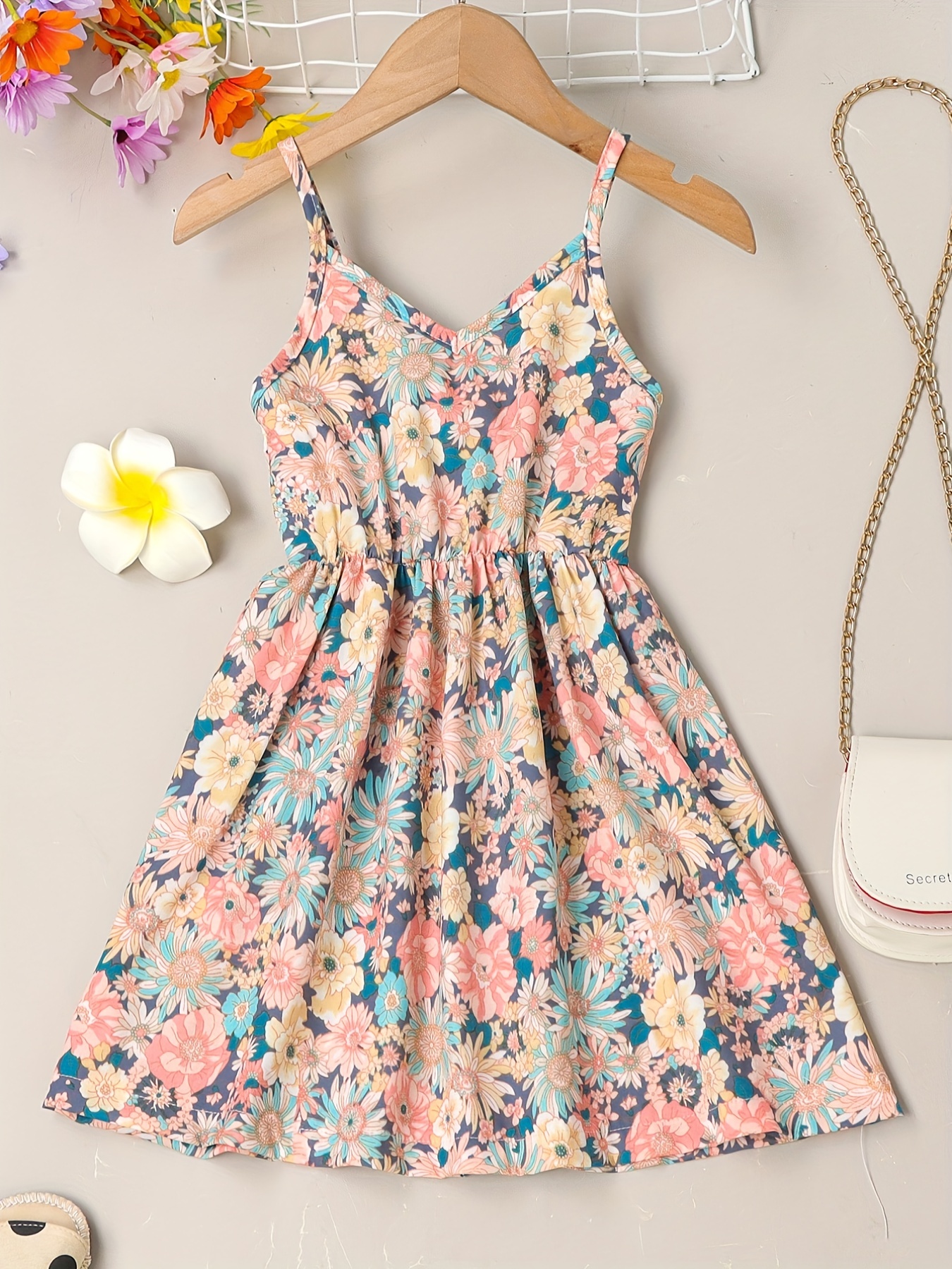little girls cute sundress floral pattern party beach dress v neck elastic waist camisole dress for summer details 0