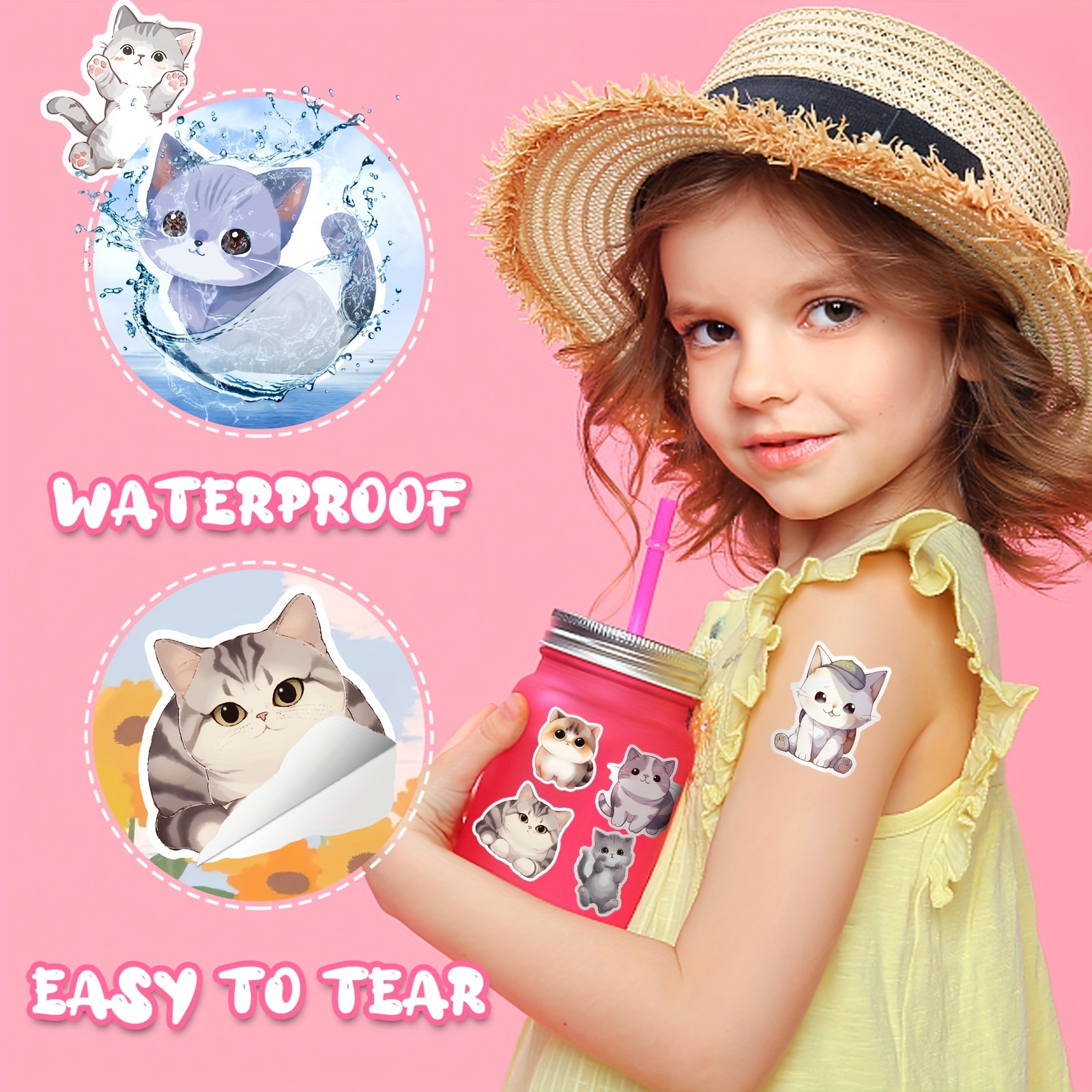 50 Pcs Cat Stickers Cute Animal Stickers For Kids Water Bottles