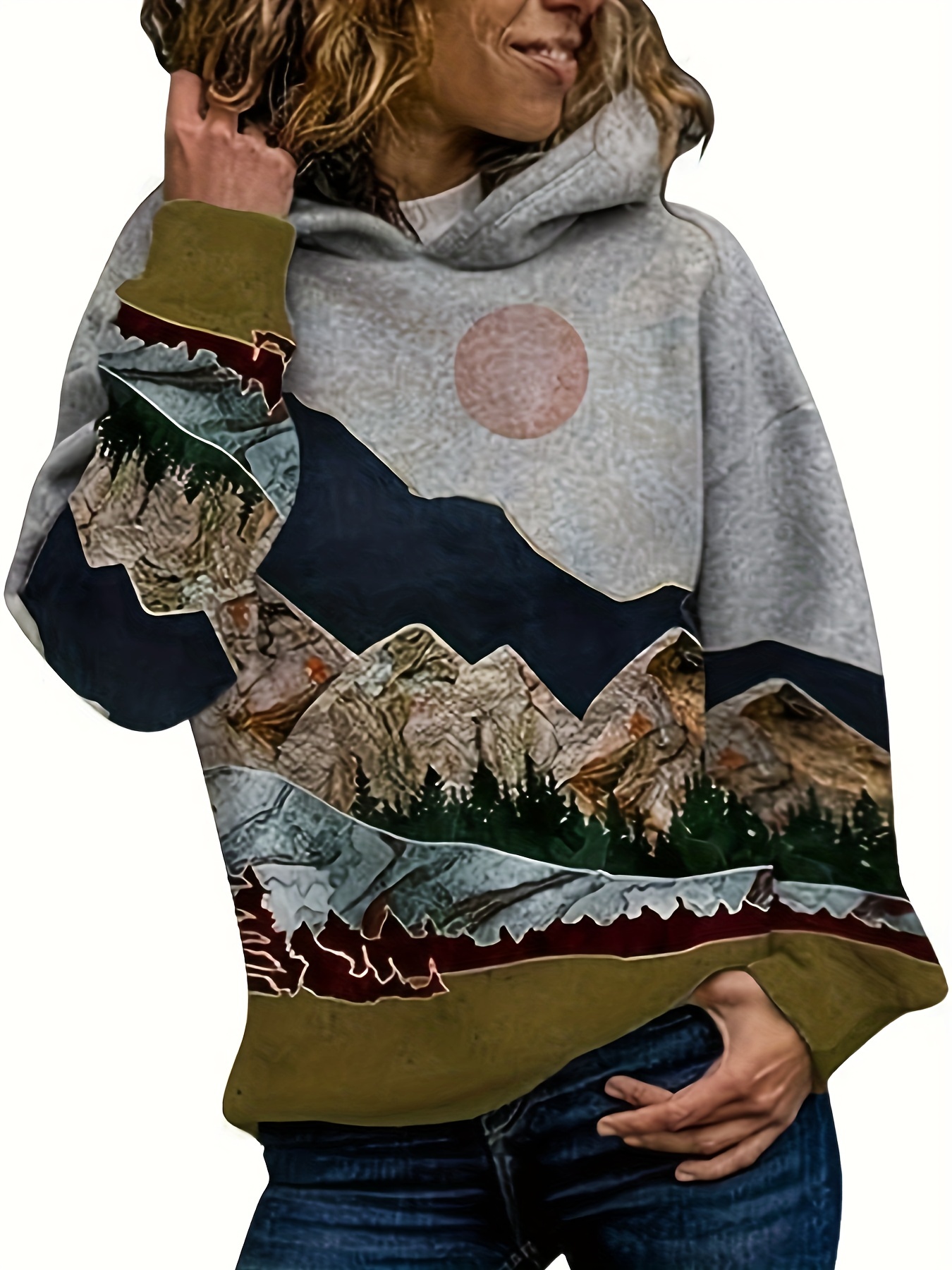 Ladies mountain treetop store print hooded sweatshirt