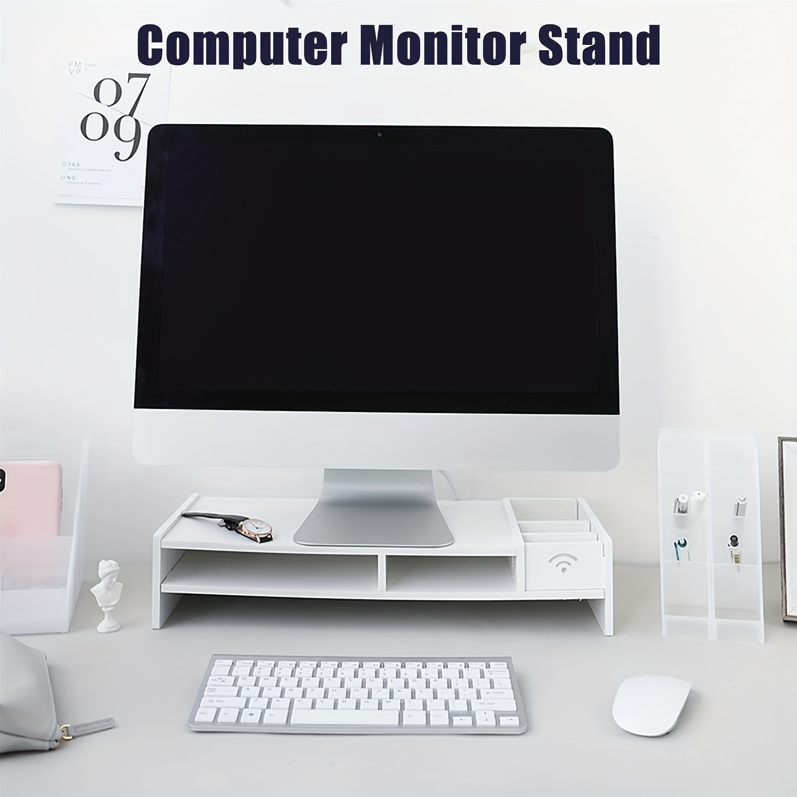 Soporte elevador de madera para monitor ajustable, soporte de computadora  de escritorio de 2 niveles con almacenamiento para teclado, plataformas