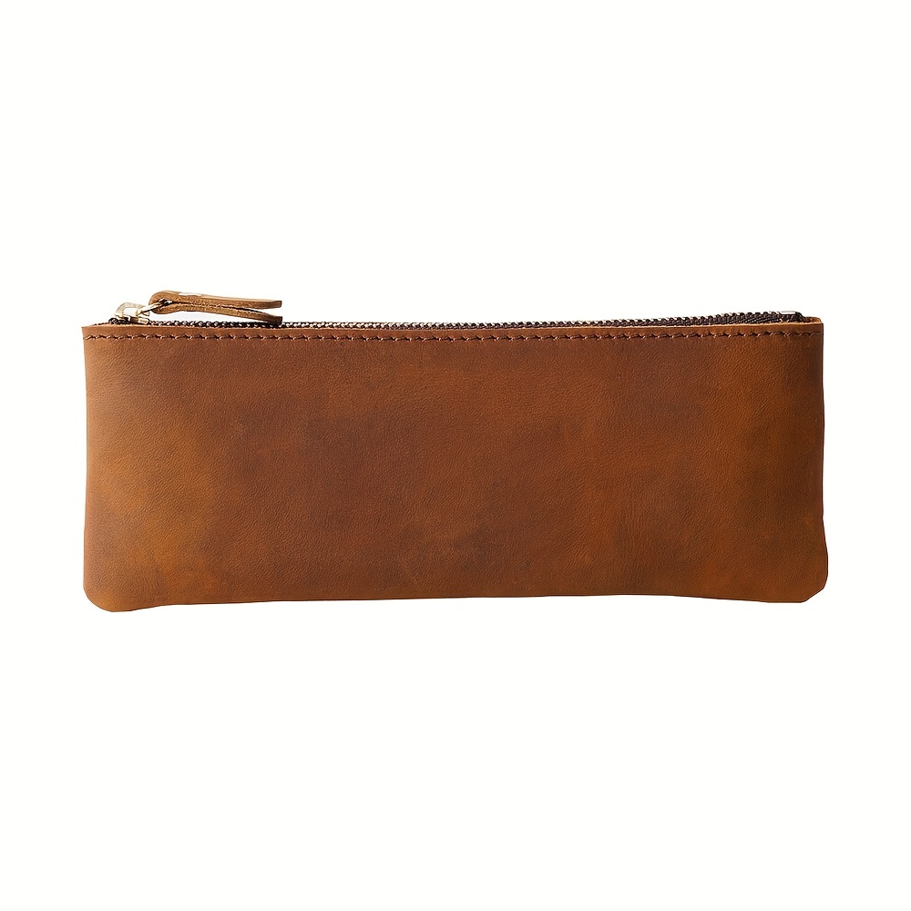 Retro Genuine Leather Zipper Pencilcase Office Stationey - Temu