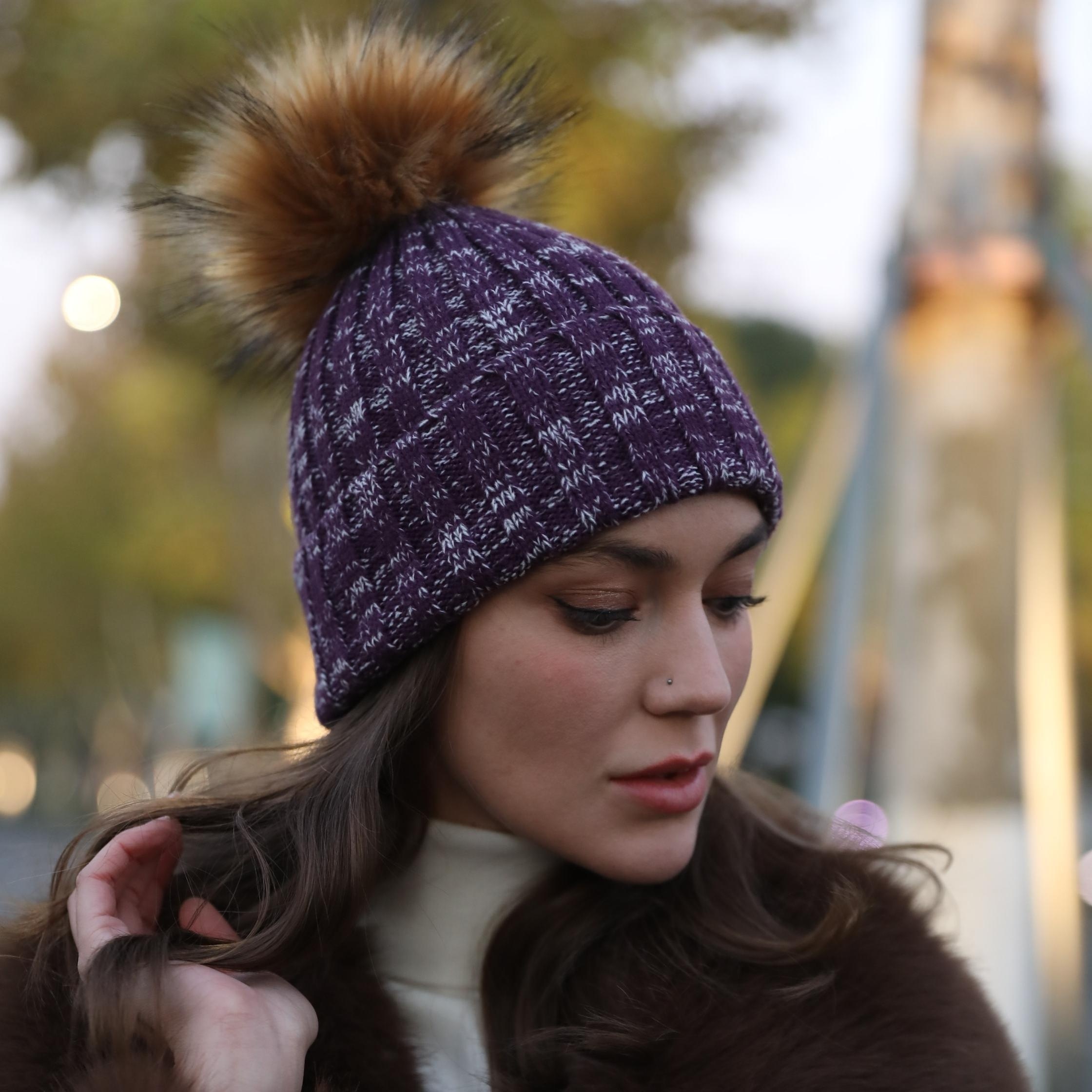 Bonnet d'hiver en fourrure pour femme - Bonnet chaud avec pompon en  fourrure pour femme