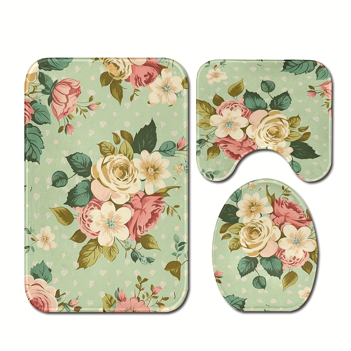 

3pcs/set Flower Plants Printed Floor Mat, Three-piece Bathroom Mat Set, Non-slip Mat, Water-absorbent Mat, Toilet Lid Mat, Toilet U-shaped Mat, Floor Rugs