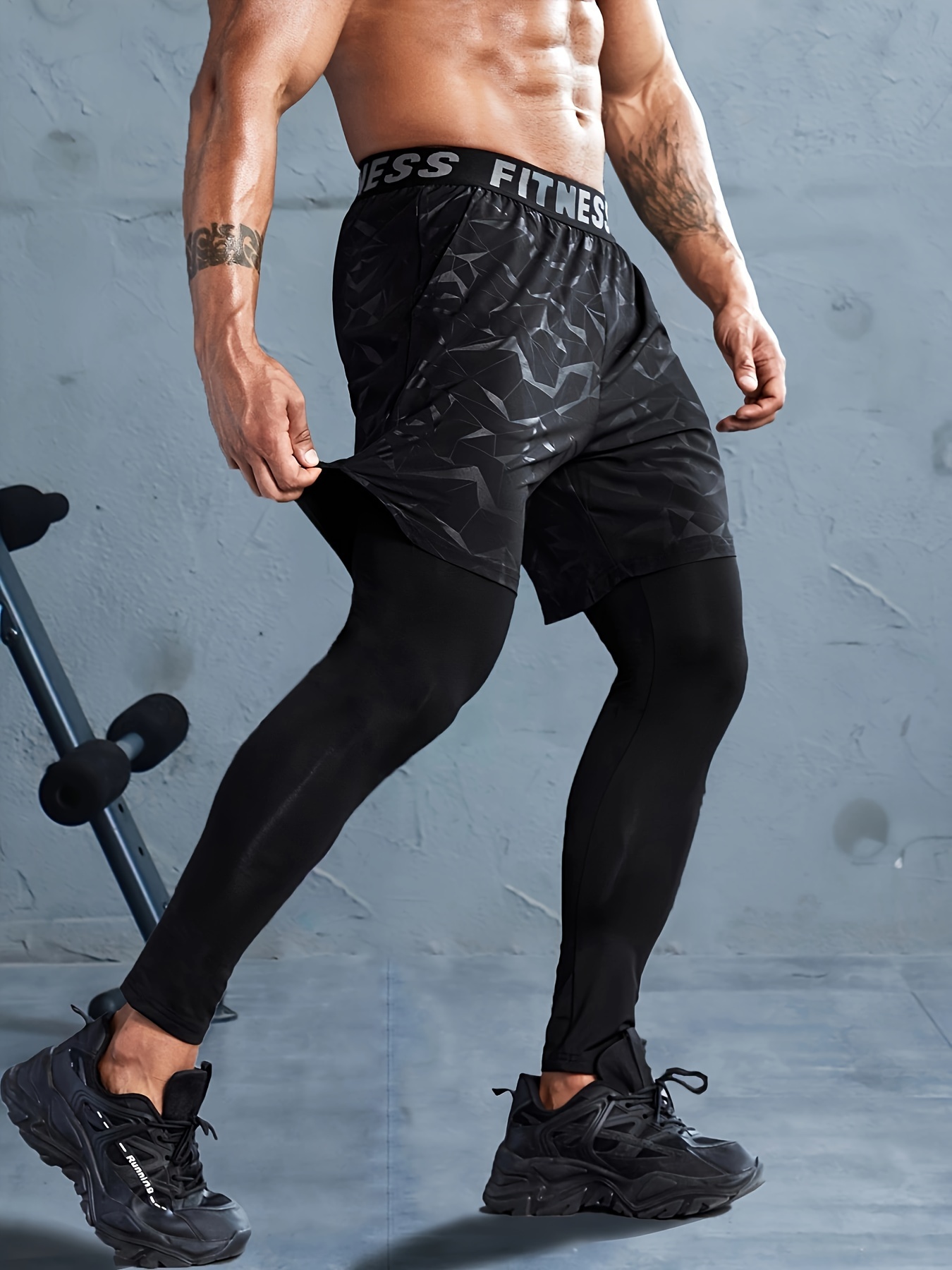 Mens Compression Pants with Shorts Running Sports Cropped Trousers GYM  Leggings