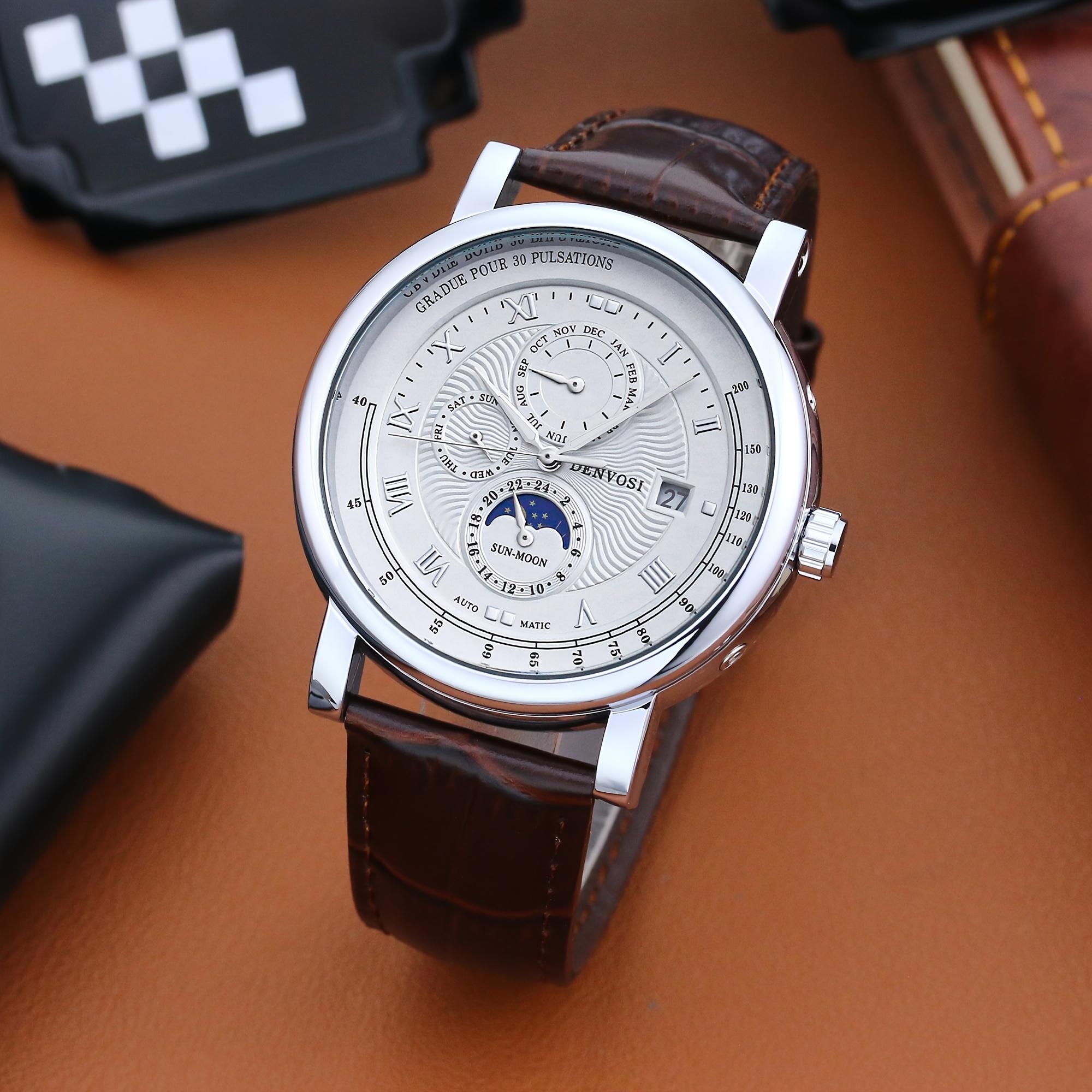 1pc Men s Premium Multifunction Mechanical Watch True 3 Loop Display Month Date Day And Hour Sun And Moon Images Change Over Time PU Leather Strap Beautifully Packaged With Bonus