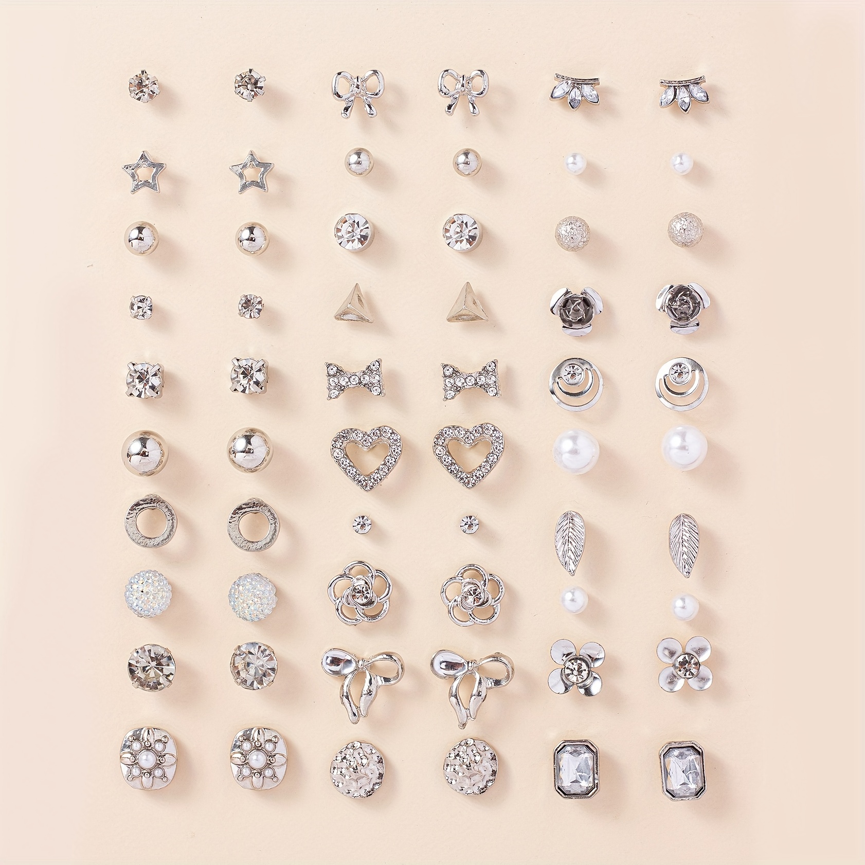 

Exquisite 30 Pairs Set Of Tiny Stud Earrings Heart Bow Round Design Zinc Alloy Jewelry Embellished With Zircon Delicate Gift For Women