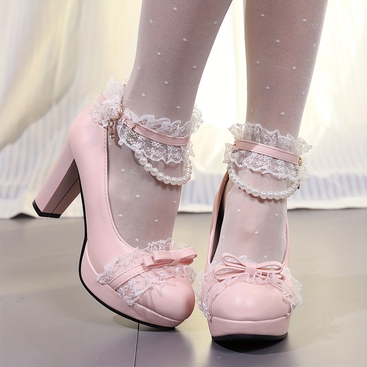 women s bowknot block high heels kawaii pearl lace Temu United Kingdom