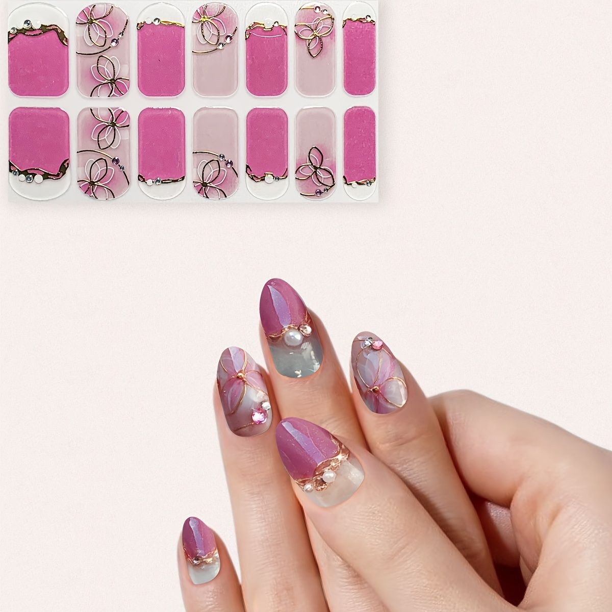 Spring Summer Glossy Pink Nail Polish Strips Full Nail Wraps Self Adhesive  Nail Polish Stickers With Flower Artificial Gem And Pearl For Women Home  Diy And Salon | Shop On Temu And