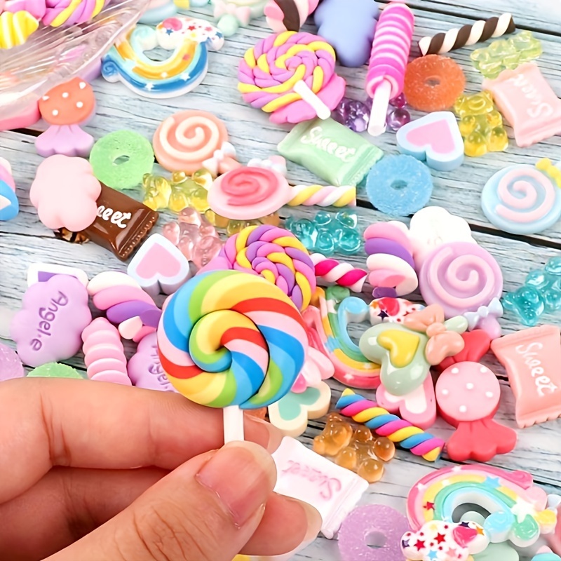 60pcs Colorful Fake Candy Sweets Sugar Resin Slime Accessories for Fake Cake Dessert Slime Kit DIY, B