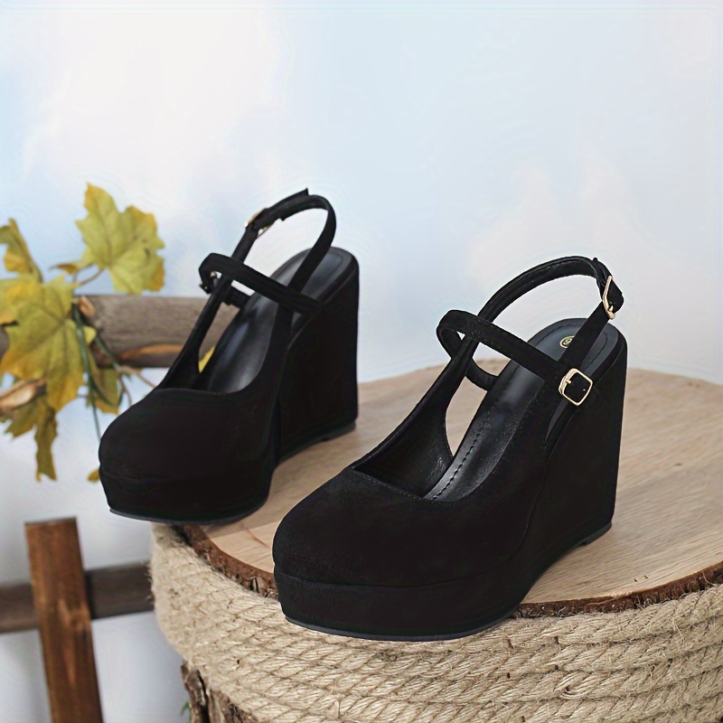 Women's Platform Wedge Heels, Round Toe Buckle Strap High Heels, Fashion  Comfortable Black Heels