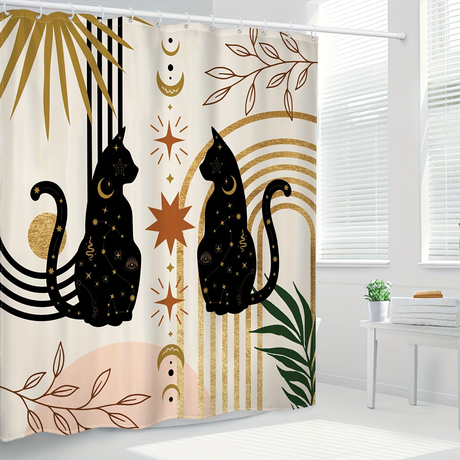 Boho Cat Leaf Pattern Shower Curtain Waterproof Shower - Temu United Kingdom
