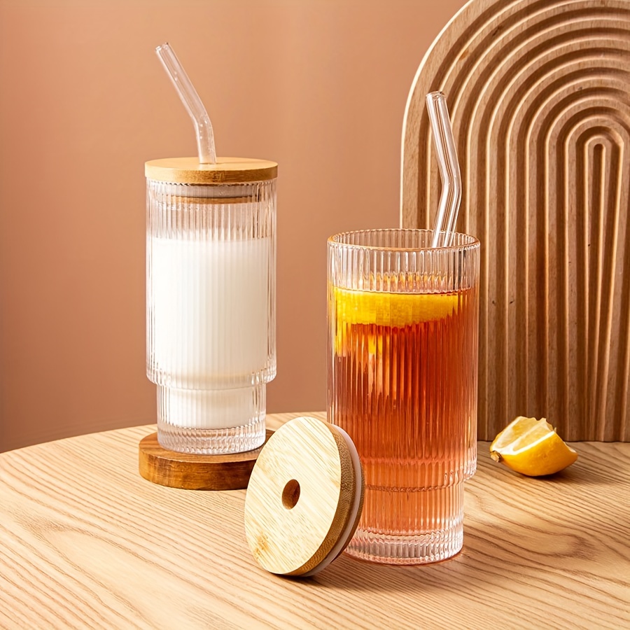 Drinking Glasses-Ribbed Glassware Drinking Glasses with Straws,Vintage  Fluted Glassware Iced Coffee Cups,Origami Style Ridged Glass Tumbler for  Coocktail,Whiskey,Beer,Water 