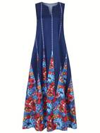 floral print v neck tank dress vintage sleeveless dual pocket dress womens clothing