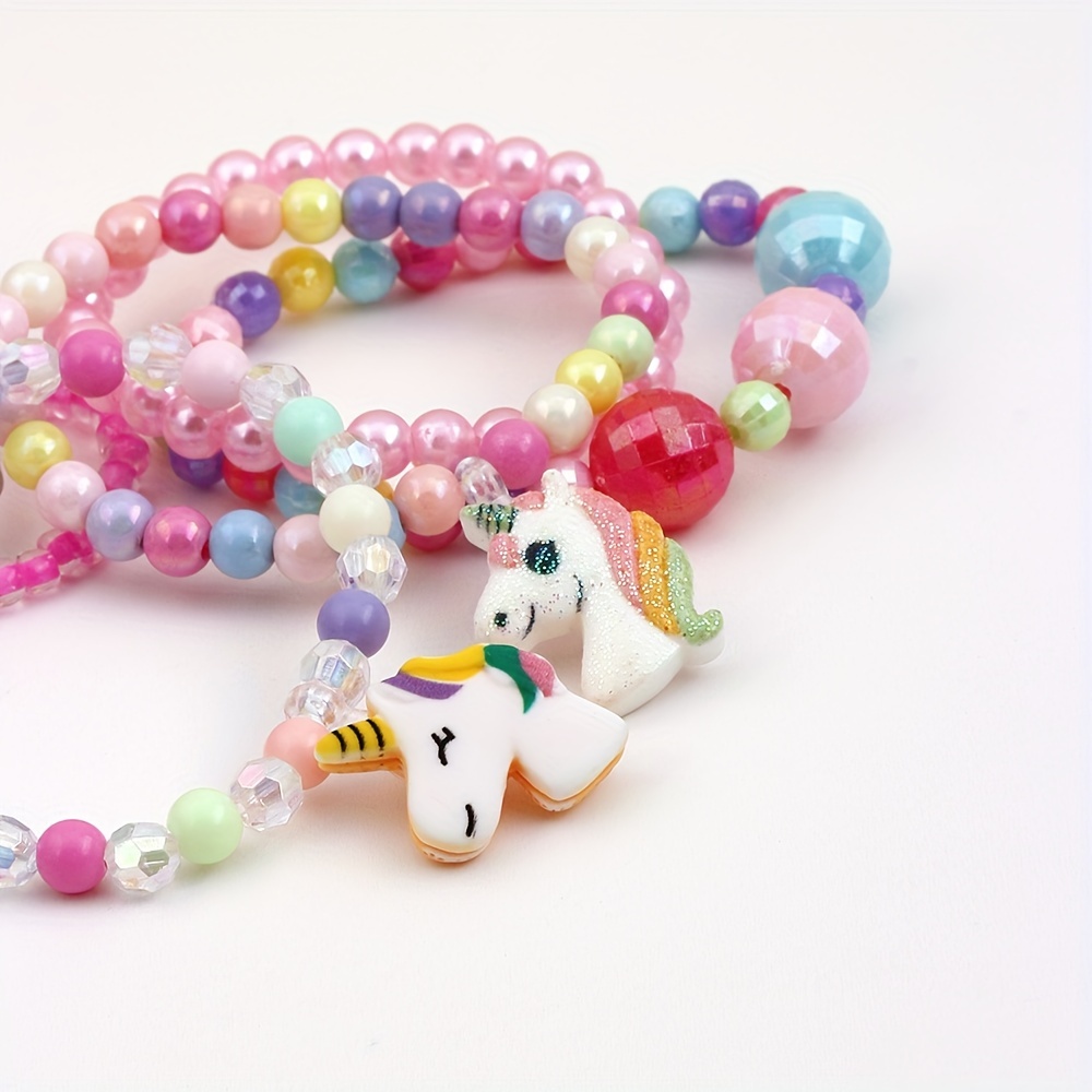 6pcs Girl's Cute Unicorn Flower Heart Pendant Multicolor Beaded Bangle Bracelet Set, Color Random,Temu