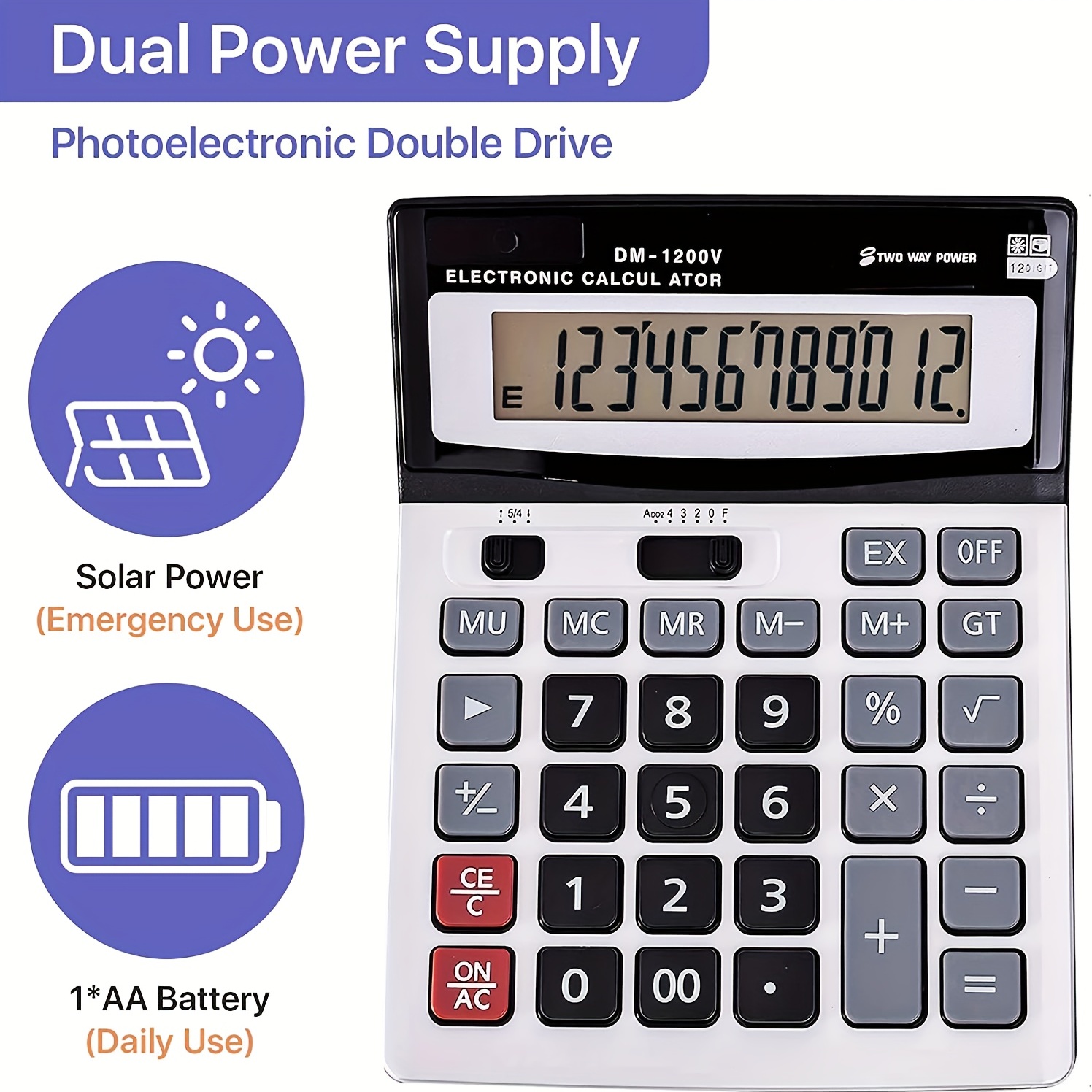 12 Digit Desktop Calculator With Large Buttons Two Way Power