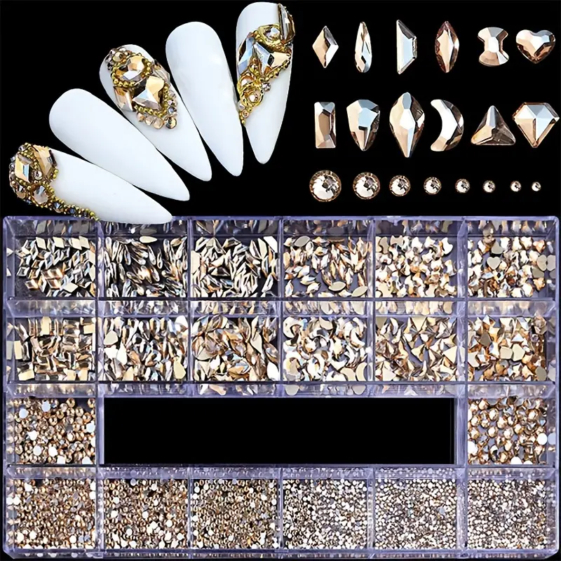 1/2 Boxes Flat Back Rhinestones For Nails,Champagne Rhinestones For Nail  Art Decoration,Mix 20 Styles Flatback Rhinestone/Gems, 600 Rhinestones+ 2500