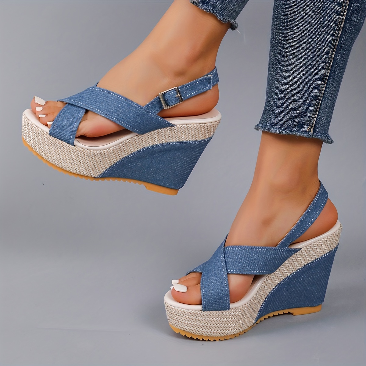 women s denim wedge sandals crisscross peep toe buckle strap details 5