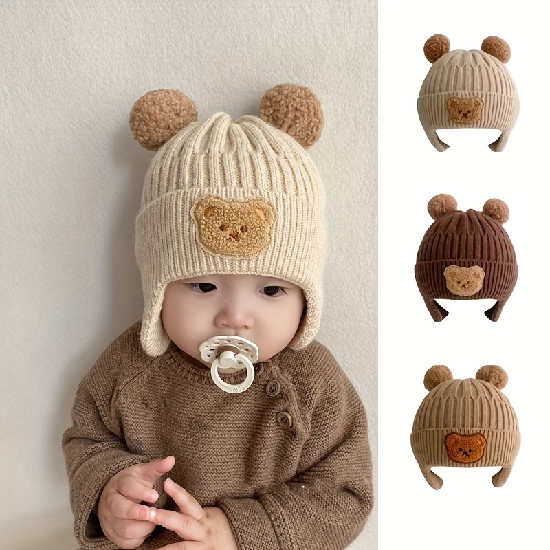 

Cute Cartoon Bear Knitted Beanie Hat For Toddler Boys And Girls, Ear Protection, Stretchy And Soft, 0-3 Years Old, Winter Warm And Cozy