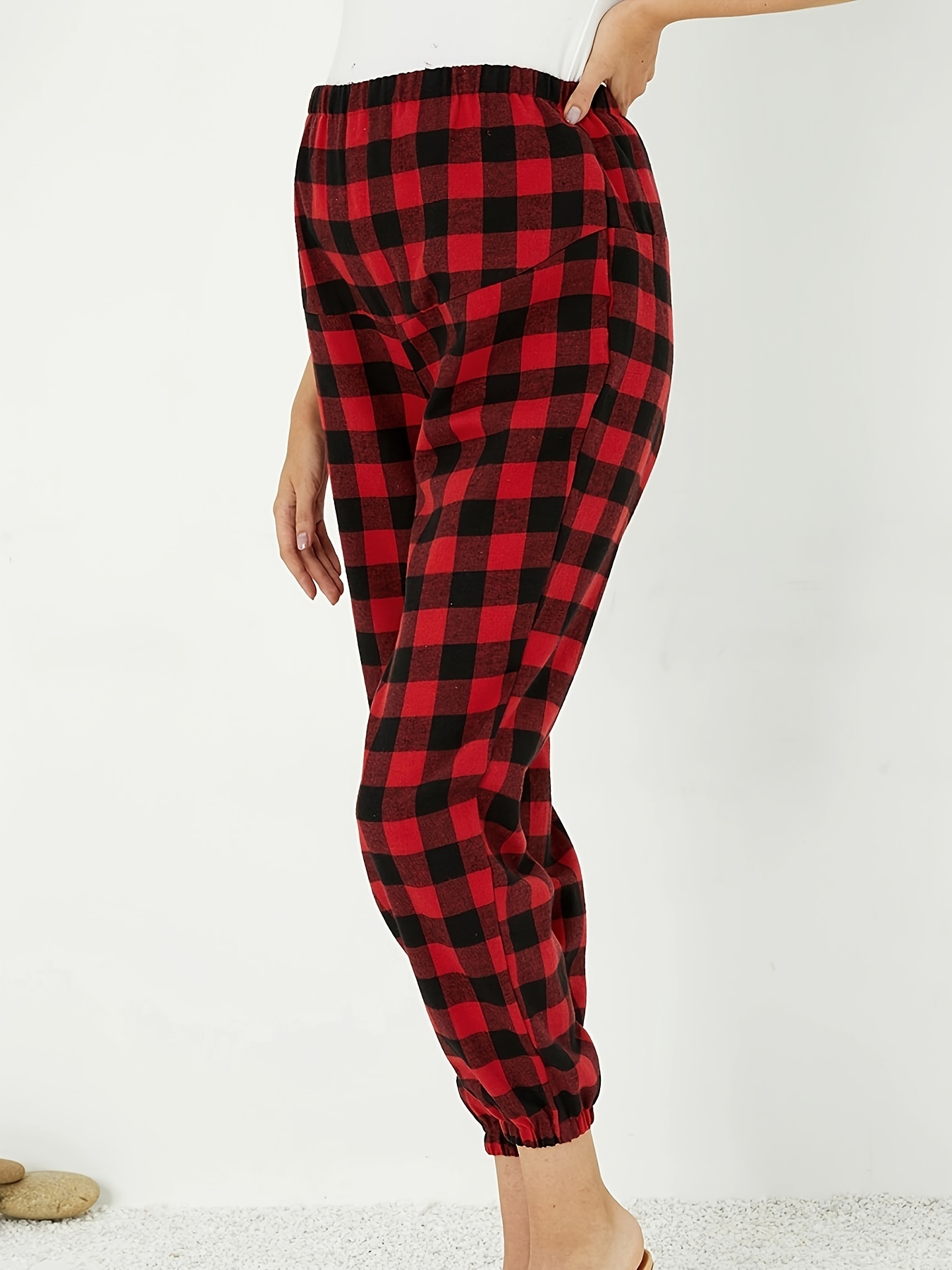 Women's Maternity Casual Stretchy Lounge Pants with Plaid Pattern