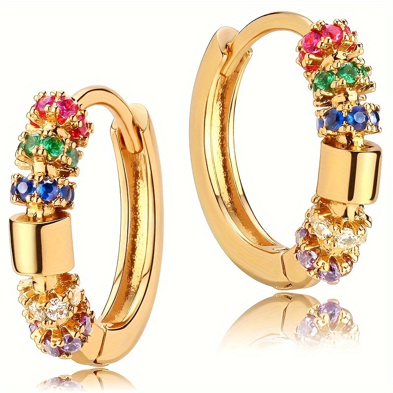 

Luxury 18k Golden Plated Hoop Earrings With Synthetic Gems, Copper Base, Nickel-free Ear Needle, Fashionable Daily & Party Accessory For Women