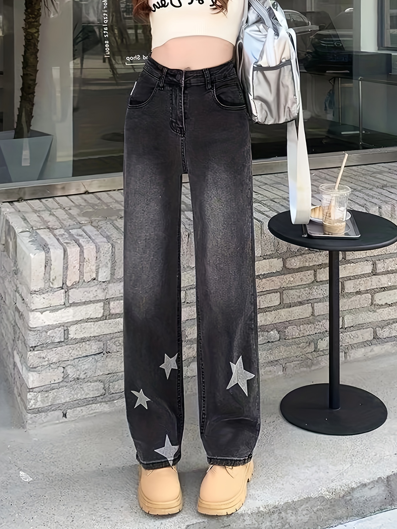 Black Star Pattern Straight Jeans, Loose Fit Non-Stretch Chic Denim  Trousers, Women's Denim Jeans & Clothing