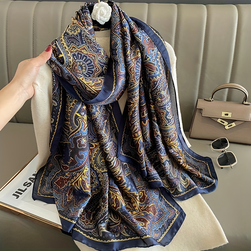 

Blue Paisley Flower Print Scarf Stylish Vintage Thin Silky Large Shawl Casual Travel Sunscreen Beach Towel