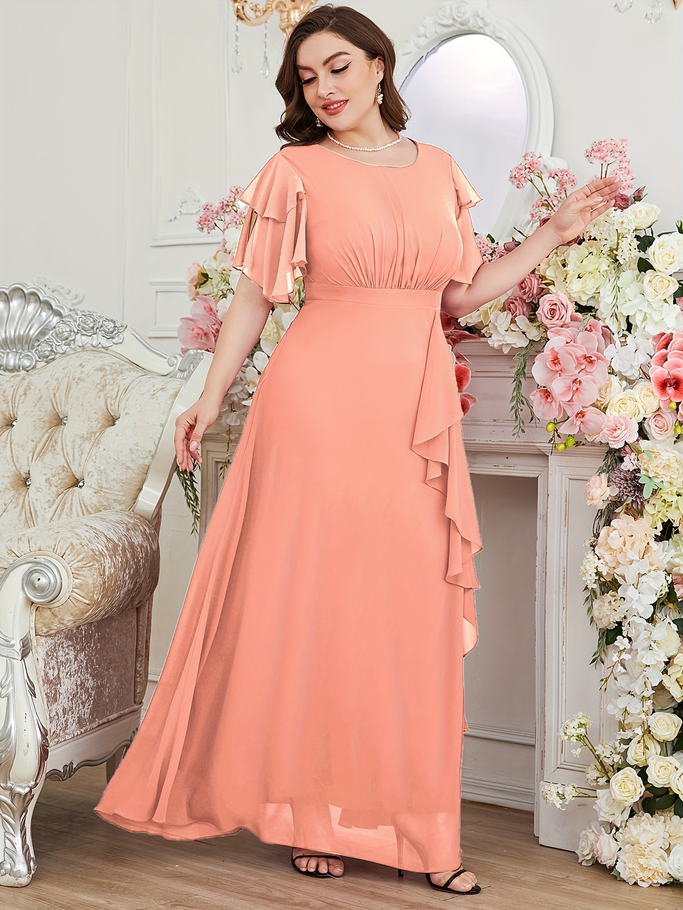 Plus Size Elegant Bridesmaid Dress, Women's Plus Solid Butterfly Sleeve  Round Neck Ruffle Trim Layered Maxi Wedding Evening Dress
