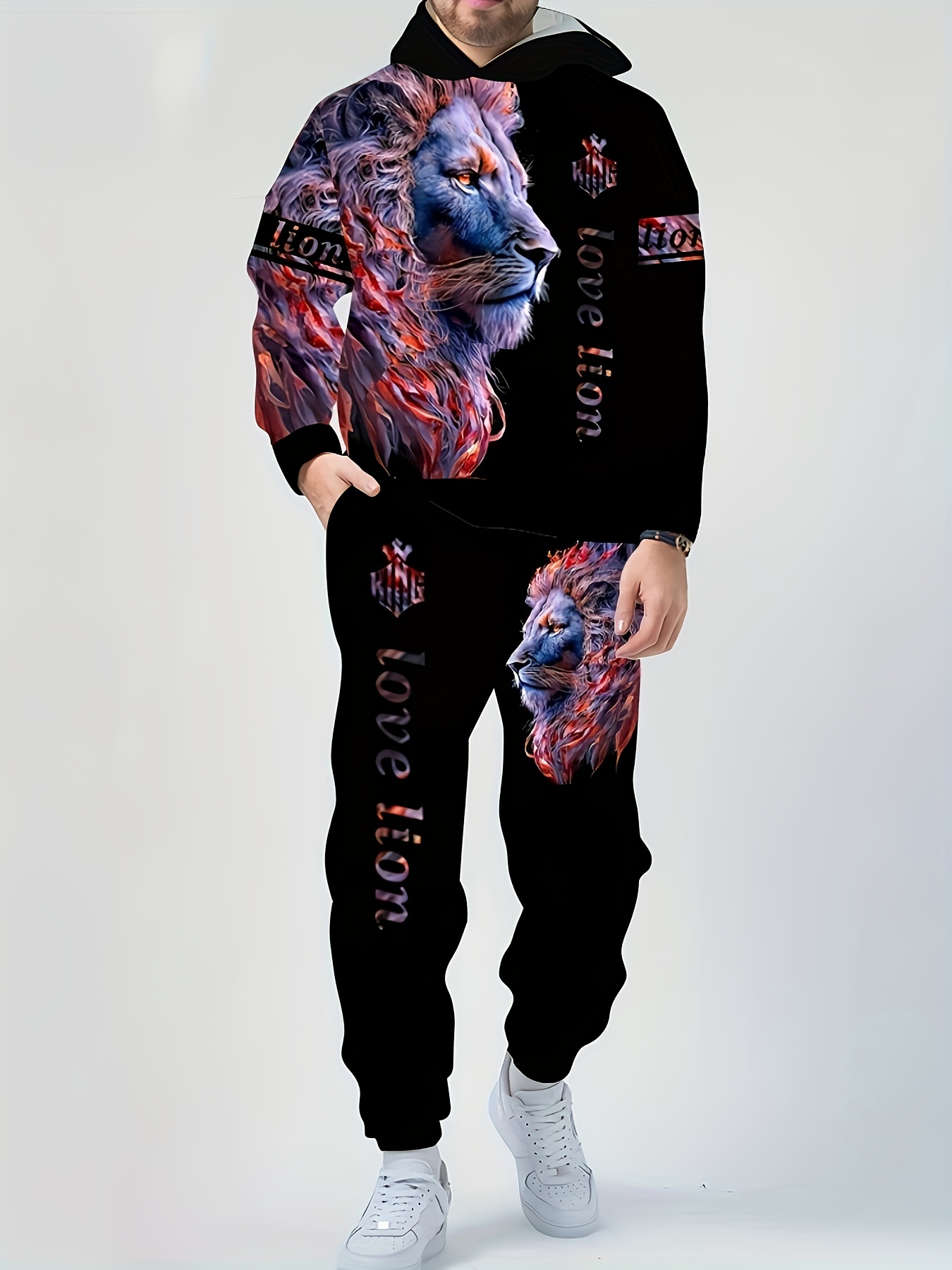 Men's 3d Lion Print Sweatshirt Sweatpants Set Oversized - Temu