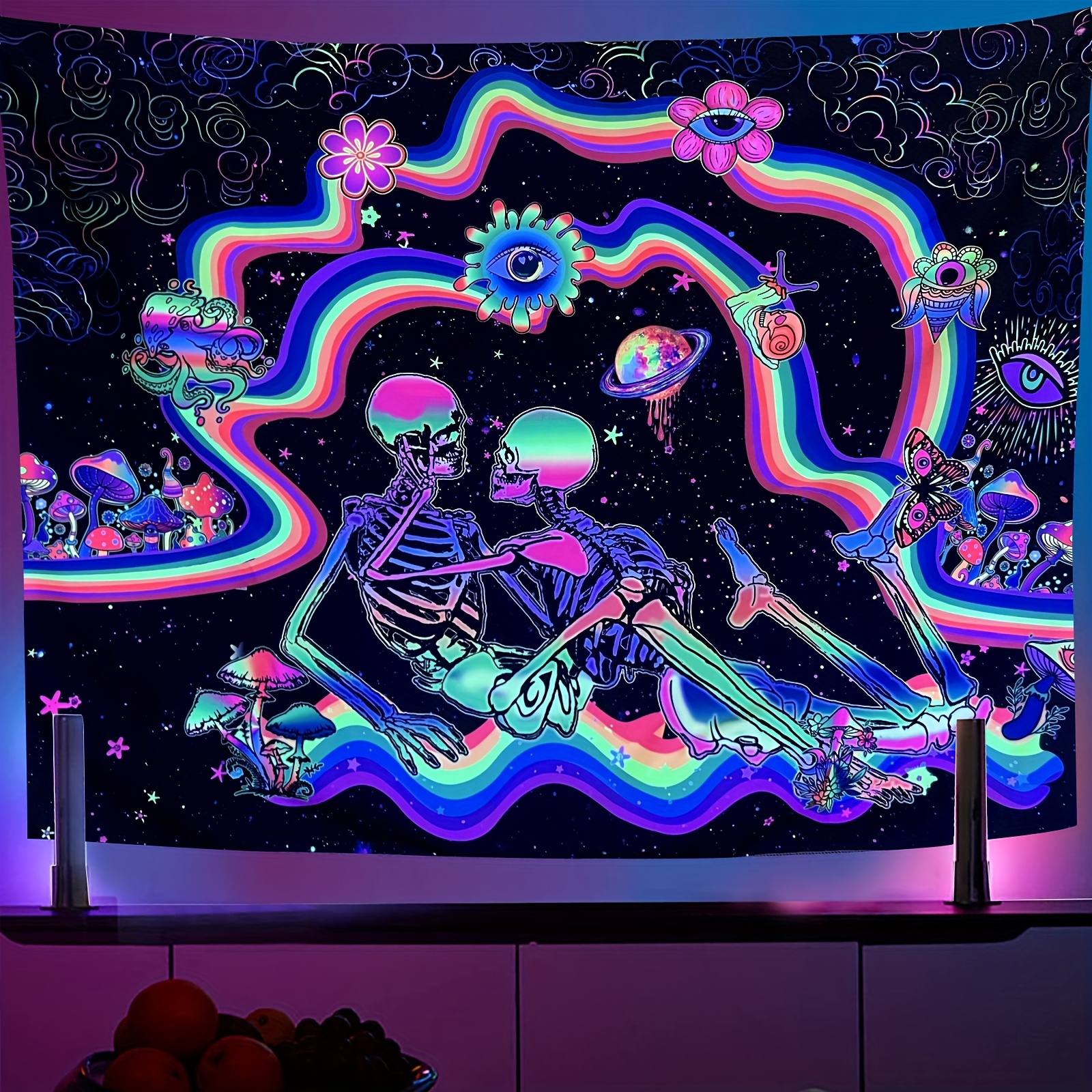 1pc Polyester Black Light Tapestry Skull Mushroom Star Pattern Tapestry Wall Hanging For Living Room Bedroom Dorm Room Home Decor With Free Installation Package