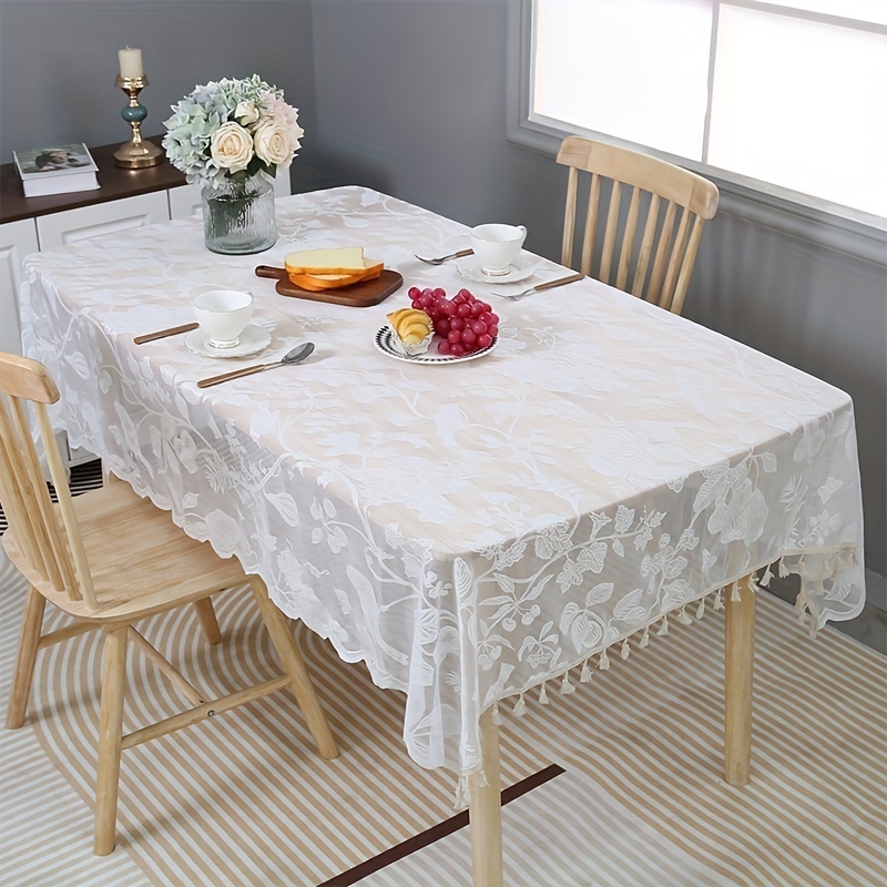

1pc Modernist Flower Lace Embroidered Tablecloth With Tassel - Stunning Polyester Rectangle Tablecloth For Weddings, Parties, And Home Decor