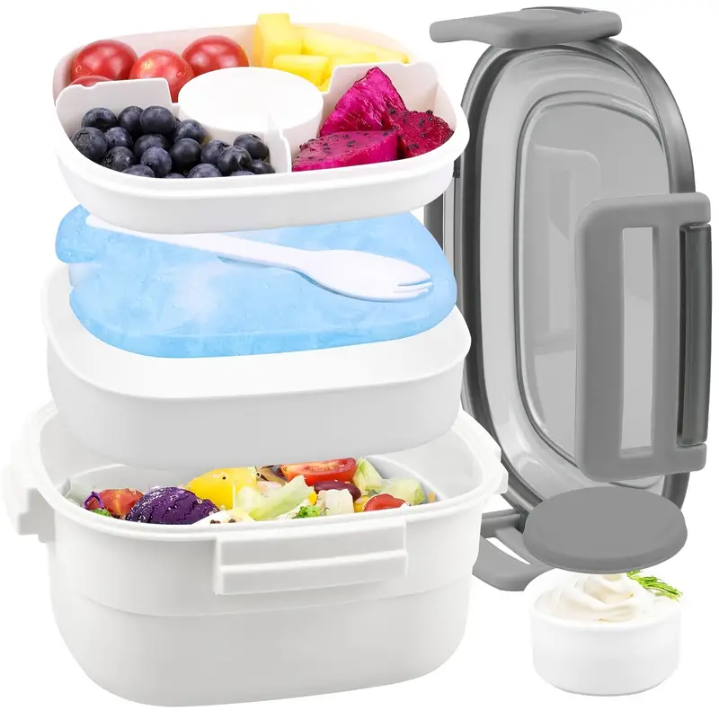 Lunch Box With Built-in Ice Pack & Fork, 3 Compartments, Square