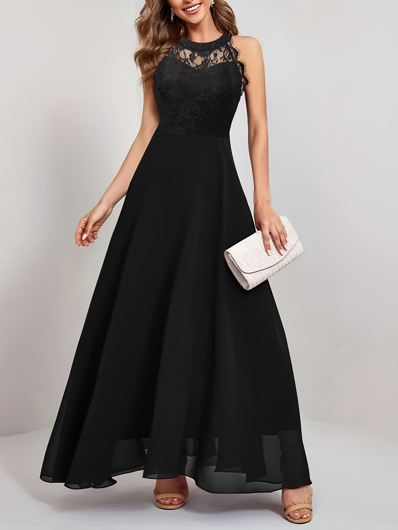 Solid Cut Out Wedding Dress, Elegant Backless Sleeveless Zipper Back Lace  Cami Long Dress, Women's Clothing