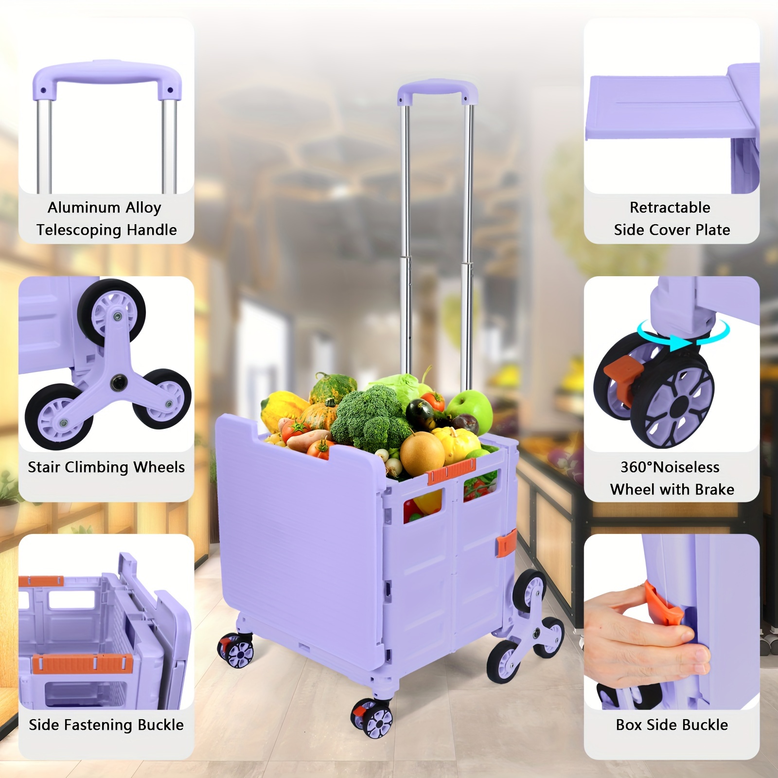 Carrito de compras plegable con ruedas, carrito de compras ajustable, caja  de almacenamiento portátil de 2 ruedas/4 ruedas, para automóvil, oficina