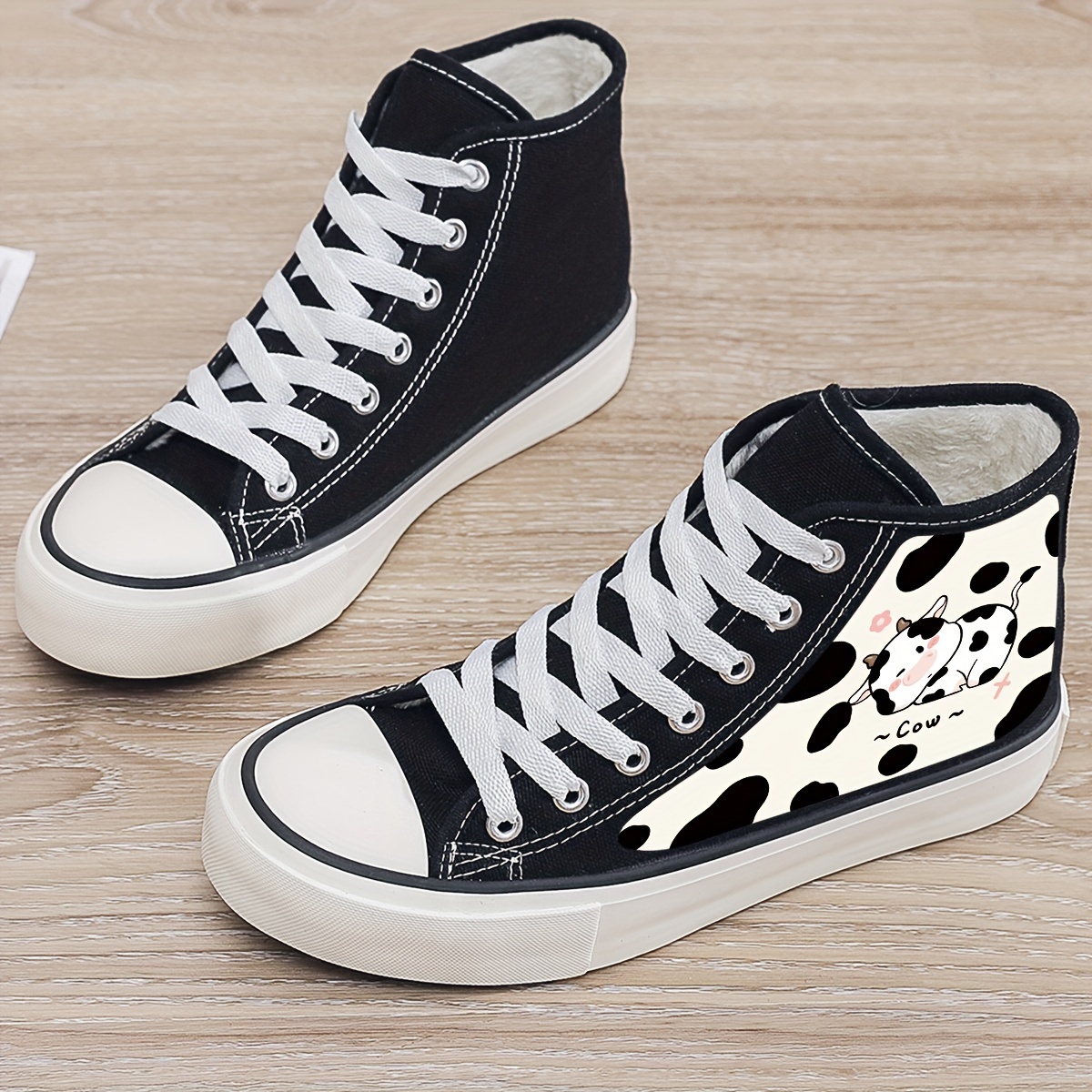 Cow Print Plush Lined Chunky Canvas Sneakers