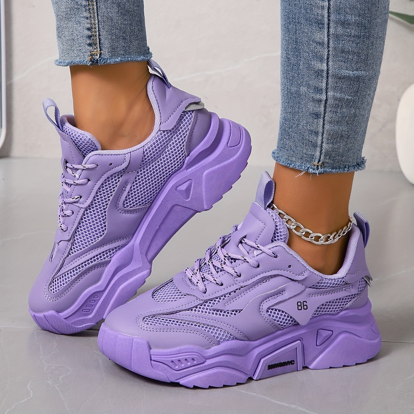 Women Shark Sneakers Patchwork Purple Shoes Breathable Thick Heels