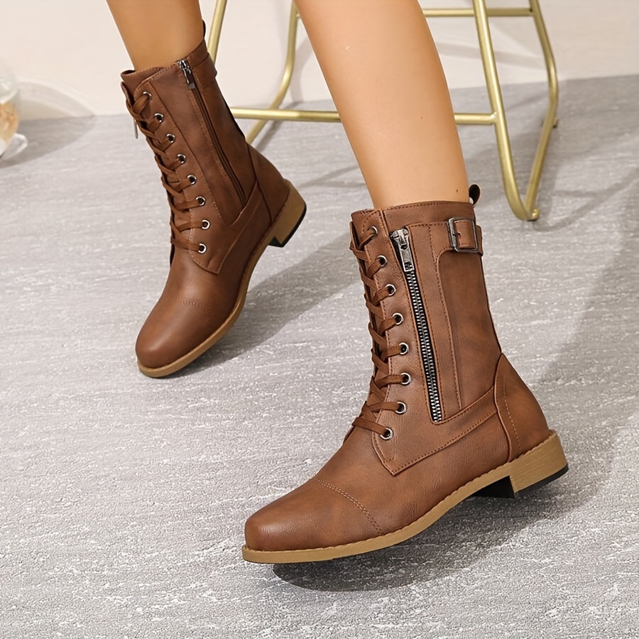 Women's Ankle Boots Booties Buckle Decor Zip Side Lace - Temu